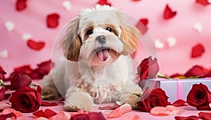 Cute dog presenting Valentine\'s day gift box lying on rose flower petals