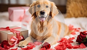 Cute dog presenting Valentine\'s day gift box lying on rose flower petals