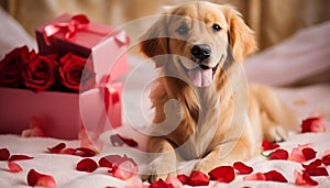 Cute dog presenting Valentine\'s day gift box lying on rose flower petals