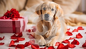 Cute dog presenting Valentine\'s day gift box lying on rose flower petals