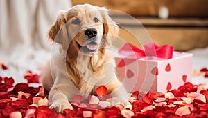 Cute dog presenting Valentine\'s day gift box lying on rose flower petals