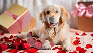 Cute dog presenting Valentine\'s day gift box lying on rose flower petals