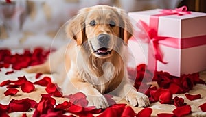 Cute dog presenting Valentine\'s day gift box lying on rose flower petals