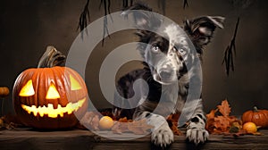 Cute dog puppies looking at the camera with Jack-o\'-lantern, Halloween, trick or treats, glowing pumpkin