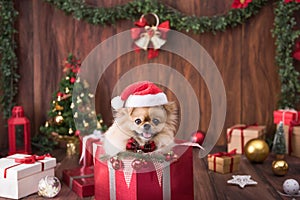 Cute dog puppies Pomeranian Wearing Santa Claus hat in gift box on Merry Christmas and Happy New Year decoration for celebration