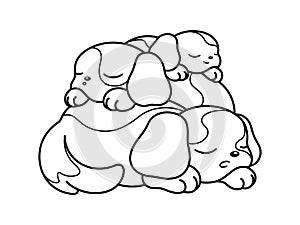 Cute dog puppies sleeping on top of each other cartoon vector illustration. Adult kids children`s coloring book page.