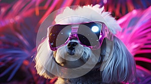 A cute dog puppy with goggles and glasses on a pink background