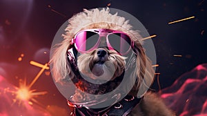 A cute dog puppy with goggles and glasses on a pink background