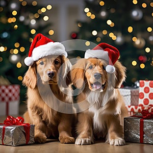 Cute dog puppy retriever with christmas gift boxes concept photo poster merry present red new year