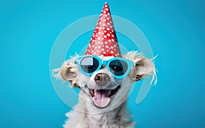 Cute dog in red Party Hat and Sunglasses over blue background, bithday banner