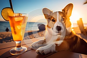 Cute dog resting at sea beach with cold cocktail in sunset