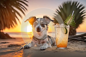 Cute dog resting at sea beach with cold cocktail in sunset. Summer vacation holiday concept. Created with Generative AI