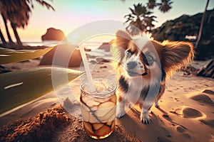 Cute dog resting at sea beach with cold cocktail in sunset. Summer vacation holiday concept. Created with Generative AI