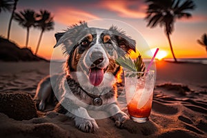 Cute dog resting at sea beach with cold cocktail in sunset. Summer vacation holiday concept. Created with Generative AI