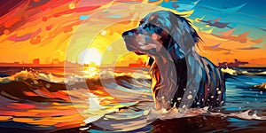 Cute dog running on the beach in the ocean waves at sunset watercolor painting