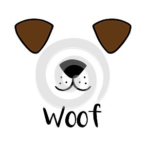 Cute dog`s head, woof writing photo