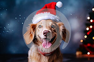 Cute dog in santa claus hat on christmas background. Selective focus