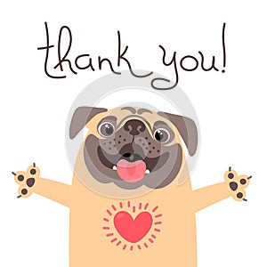 Cute dog says thank you. Pug with heart full of gratitude.