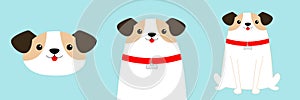 Cute dog set. Face, body, sitting puppy. Red collar. White pooch. Cute cartoon kawaii funny baby character. Flat design style.