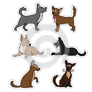 Cute dog set stickers. Different breeds of dogs Vector set of icons and illustrations