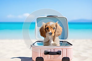 cute dog sit inside travel suitcase on the beach AI generated