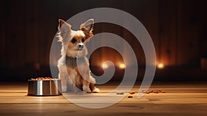 Cute dog sitting on the floor next to a bowl with dogfood in the house. Pets indoors. AI Generated