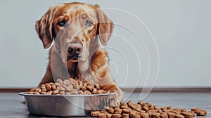 a cute dog sitting in front of a bowl of dry dog food