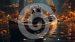 Cute dog sitting on rowboat, reflecting beauty in nature generated by AI