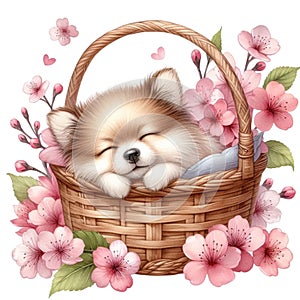 cute dog Sleeping in a cherry blossom basket