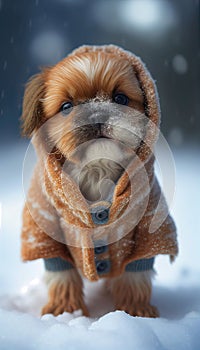 Cute dog in snow wearing a sweeter