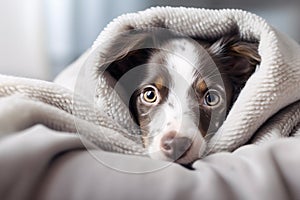 Cute dog snuggling under warm blanket