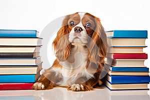 Cute dog with stack of books. Cavalier King Charles Spaniel breed. Dog Encyclopedia history, evolution, and anatomy