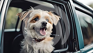 cute dog sticking out of car window and looking at camera in car.