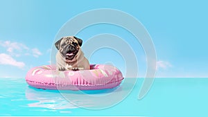 Cute dog with sunglasses in swimming donut. Summer vibes, holliday, vacation concept. Ai generative. Illustration photo