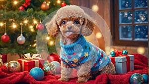 cute dog in a sweater, Christmas tree, gift boxes furry cozy greeting present decoration
