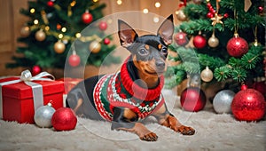 cute dog in a sweater, Christmas tree, gift boxes furry surprise greeting