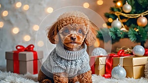 cute dog in a sweater, Christmas tree, gift boxes furry surprise greeting present decoration
