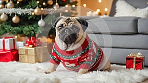 cute dog in a sweater, clothing Christmas home , gift pretty furry cozy greeting present decoration