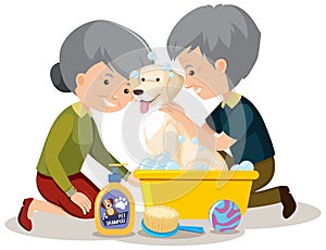 Cute dog take a bath with old couple owner on white background