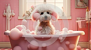 Cute dog taking bath in pink bathtub with pink balls