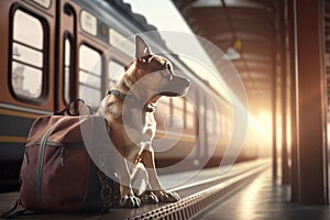 Cute dog with travelling backpack at train station with train on background. Generative AI