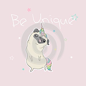 Cute dog with unicorn horn slogan.