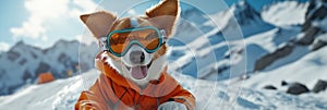 Cute dog in vibrant orange jacket, goggles rides on snowboard at ski resort mountains. Dog stands on snowy mountain, face turned photo