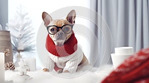 A cute dog in a warm sweater and a red scarf with glasses is sitting on a bed in a room with a white Christmas tree