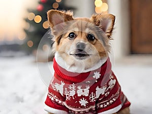 cute dog wearing Christmas attire in the snow closeup