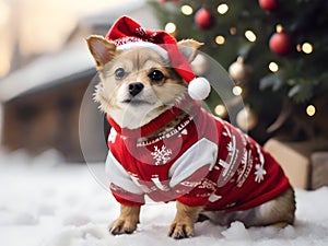 cute dog wearing Christmas attire in the snow with copy space