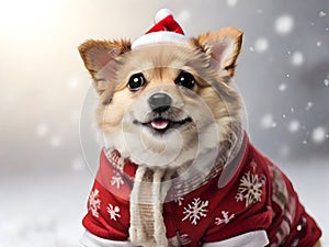 cute dog wearing Christmas attire in the snow with copy space