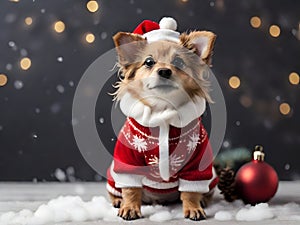 cute dog wearing Christmas attire in the snow with copy space