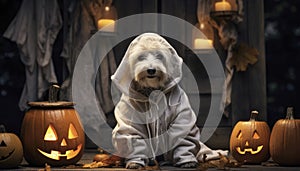 Cute dog wearing a hoodie at halloween surrounded by jack-o-lanterns. Generative AI illustrations