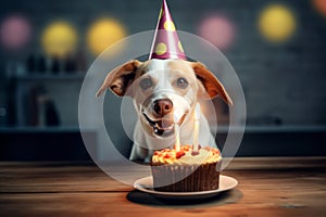 Cute dog wearing party hat celebrating it\'s birthday by the table.
